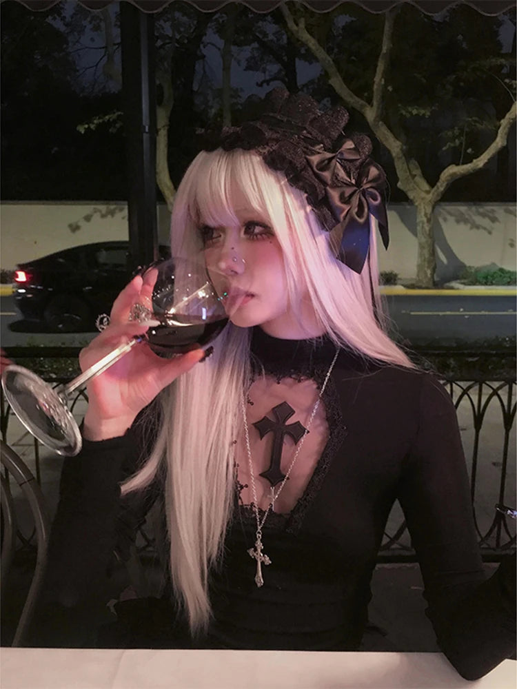 Turtleneck Top Y2k Clothes Black Gothic Cross Hollow Slimming Bottom T Shirt for Women Long Sleeve Sexy T-shirt Girls Tops Badiee Stylez