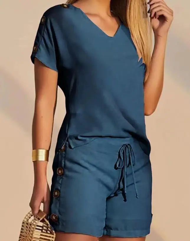 Women Tracksuit Short Sets Short Sleeve Pullover V Neck Tops High Waist Straight Pants Pockets Drawstring Button Casual 2024