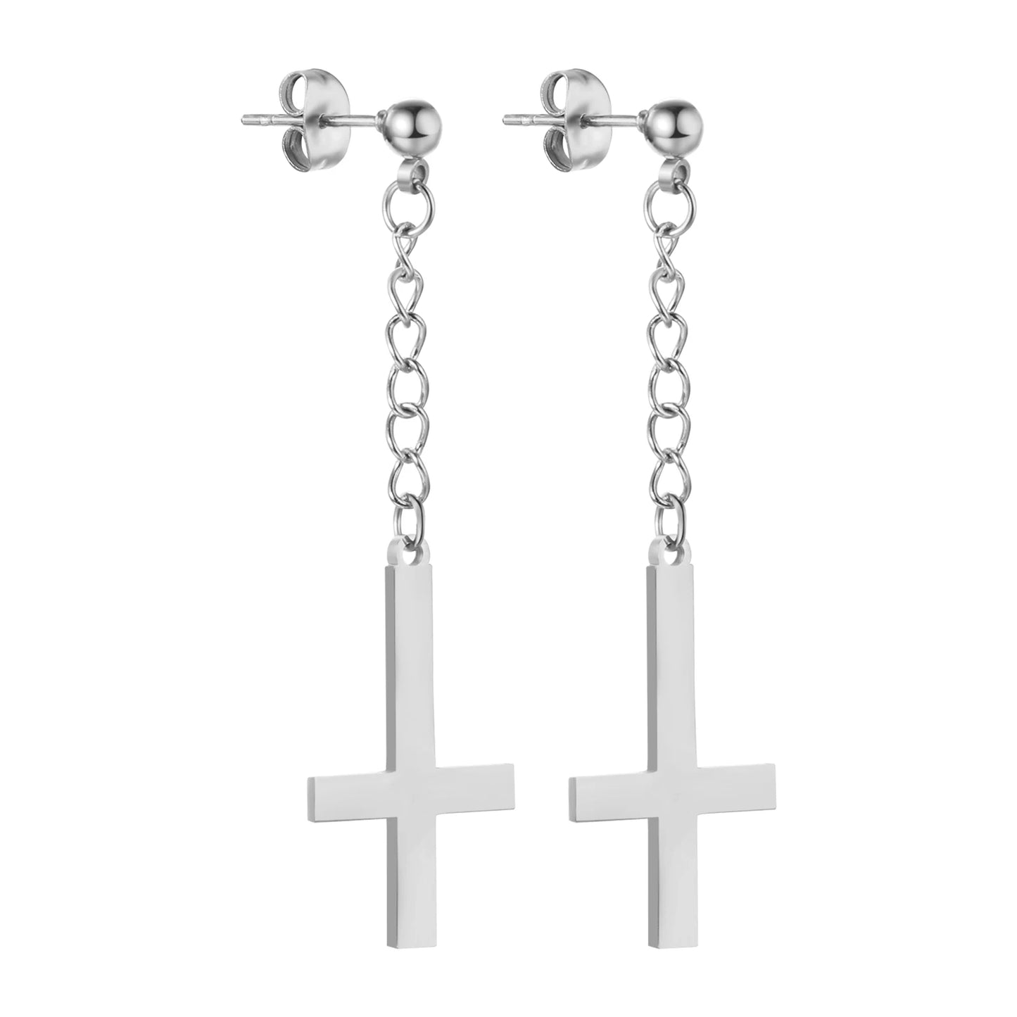 BONISKISS Men Women Stainless Steel Inverted Upside Down Cross Earring Church of Satan Temple Occult Satanic Witchy Stud Jewelry Long Cross Silver