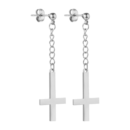BONISKISS Men Women Stainless Steel Inverted Upside Down Cross Earring Church of Satan Temple Occult Satanic Witchy Stud Jewelry Long Cross Silver
