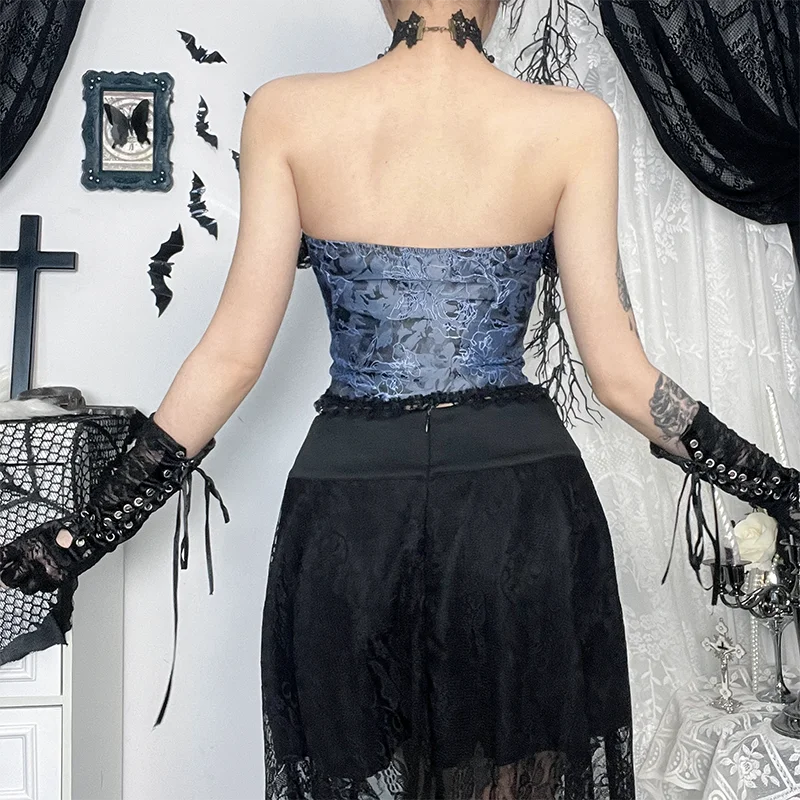 Goth Sexy Lace Corset Crop Tops Camis Y2K Harajuku Aesthetic Black Red Cross Basic Tank Top Summer Women Grunge Emo Streetwear