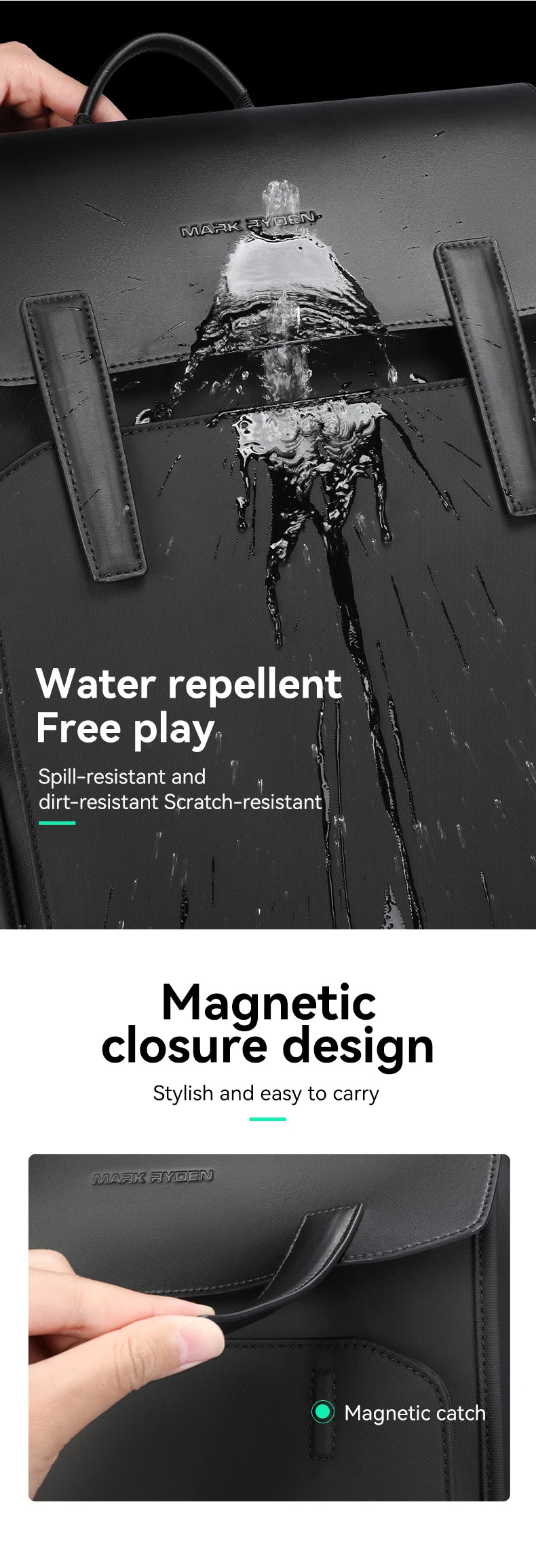 Mark Ryden Classic Business Work Black Leather Backpack 15.6 Inch Laptop Waterproof Bag School Bags Business bacbackpack for men