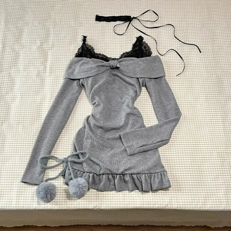 2024 High Street Two Piece Set Gray Slash Neck Long Sleeve Spliced Plested Dresses Y2k Aesthetic Vintage Lace Design Sling Dress Badiee Stylez