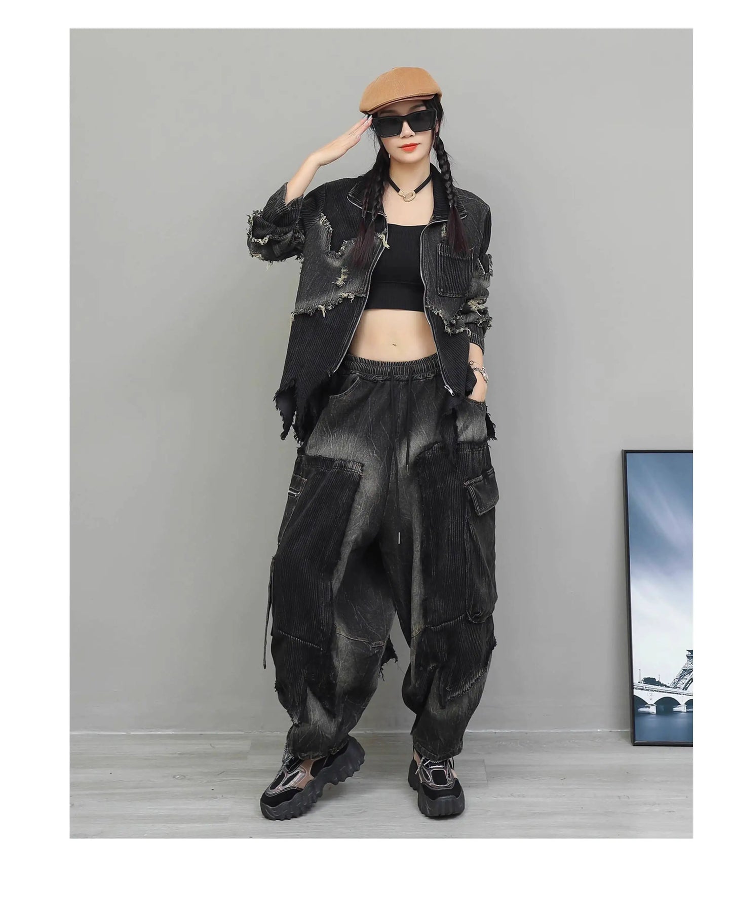 Trendy Cool Pant Set Women Autumn Vintage Denim Patchwork Long Sleeve Irregular Jacket + Harem Pants Two-Piece Set LX4331 Badiee Stylez