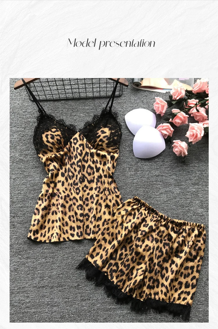 Sexy Leopard Print Sleepwear Women's Cami Top and Shorts Pajama Set Lace Trim Loungewear Trendy Animal Print Pjs New Hot Gift