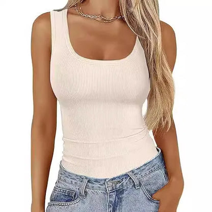 Summer Women's Vest Slim Fit Elastic Fashion Thread Basic Pullover Simple Versatile Square Collar Sleeveless T-shirt apricot