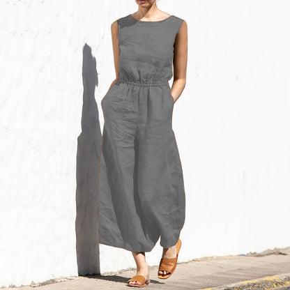 Elegant Solid Cotton Linen Women Jumpsuit Fashion Button O Neck Sleeveless Pocket Jumpsuits Ladies Elastic Waist Office Clothing GRAY