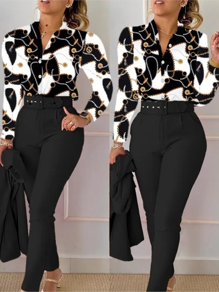 Elegant Women Printed Two Piece Suit Sets Spring Autumn V Neck Long Sleeve Shirt Top & Long Pants Set With Belt Workwear Outfits black CHINA