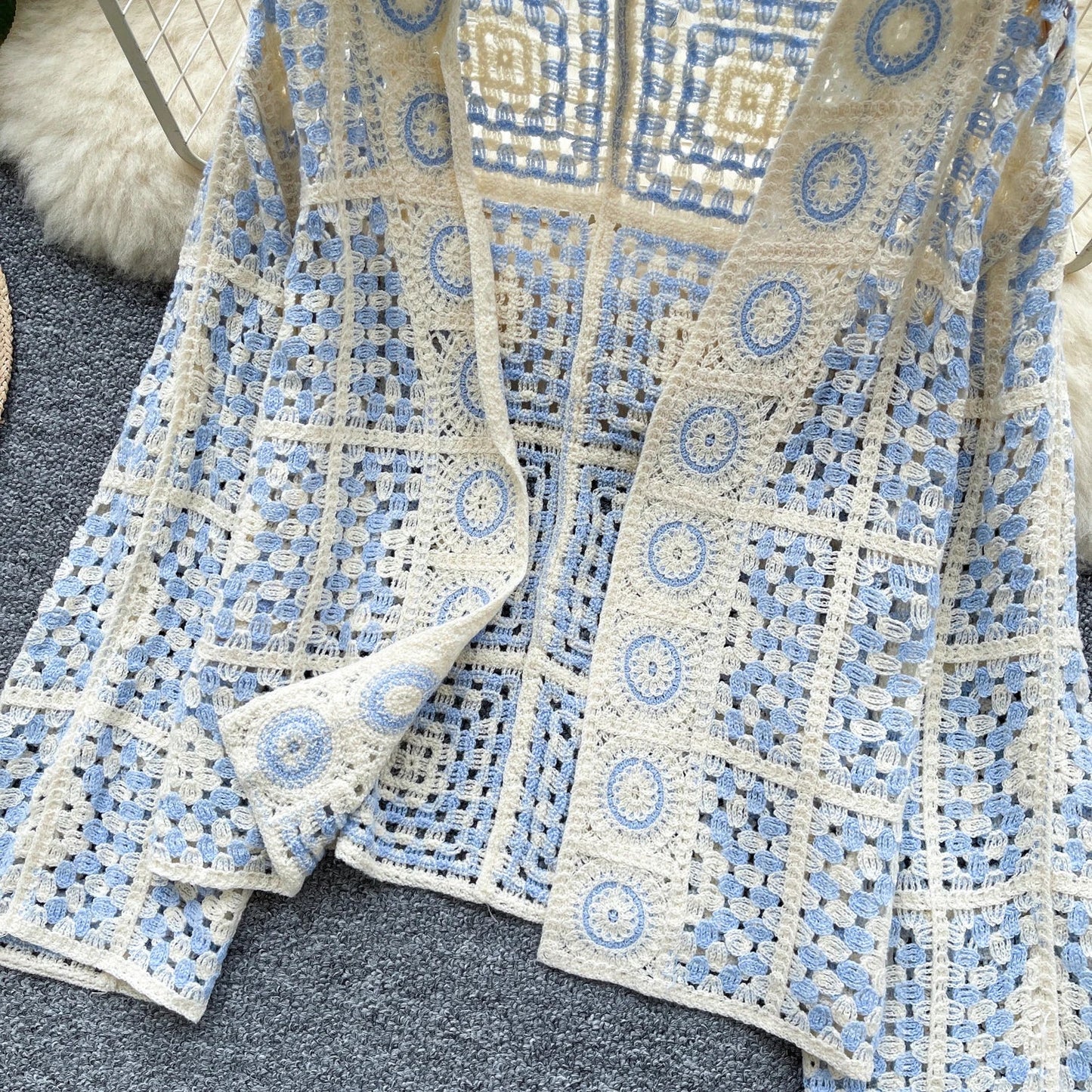 SINGREINY Vintage Boho Loose Plaid Cardigans Female Long Sleeves Hook Flower Hollow Tops 2025 Vacation Sunscreen Casual Shirt Badiee Stylez