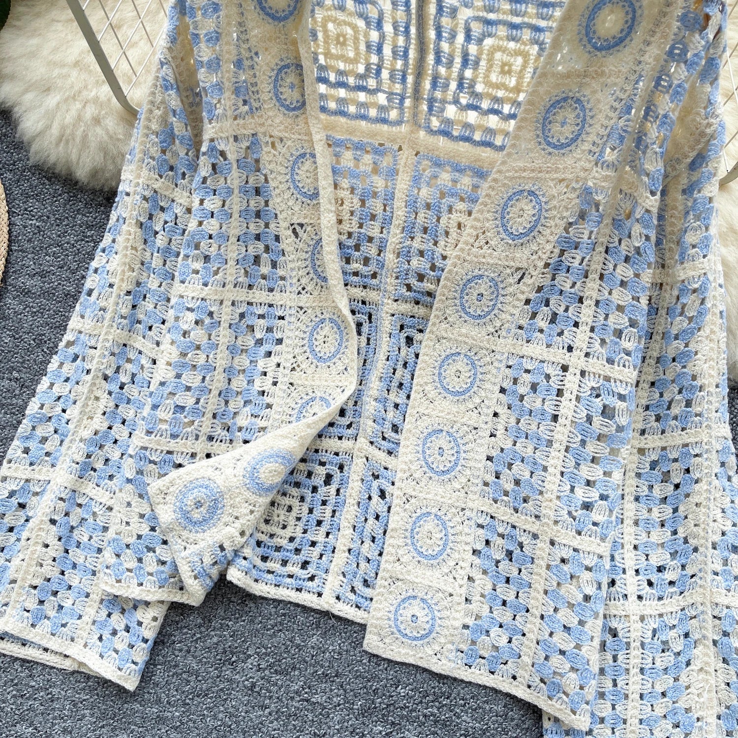 SINGREINY Vintage Boho Loose Plaid Cardigans Female Long Sleeves Hook Flower Hollow Tops 2025 Vacation Sunscreen Casual Shirt Badiee Stylez