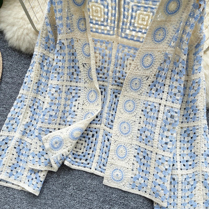 SINGREINY Vintage Boho Loose Plaid Cardigans Female Long Sleeves Hook Flower Hollow Tops 2025 Vacation Sunscreen Casual Shirt Badiee Stylez