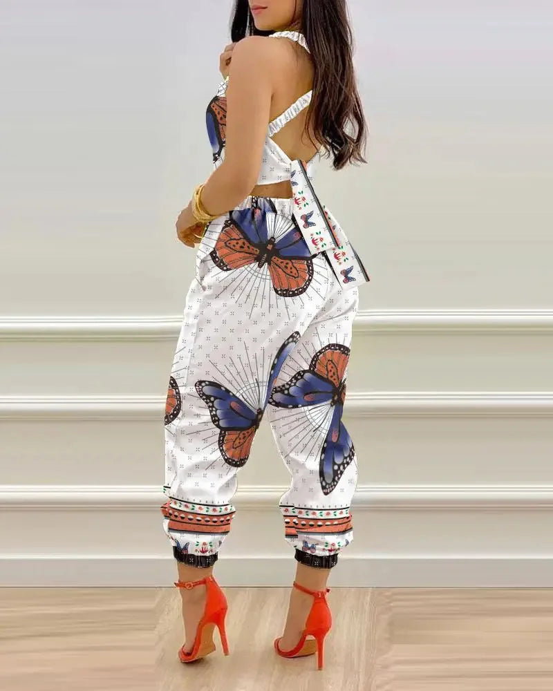 New Summer Fashion Printed Sleeveless Jumpsuit Sexy Hollow Backless Lace Up Long Jumpsuits Elegant Casual Jumpsuit With Pocket Badiee Stylez