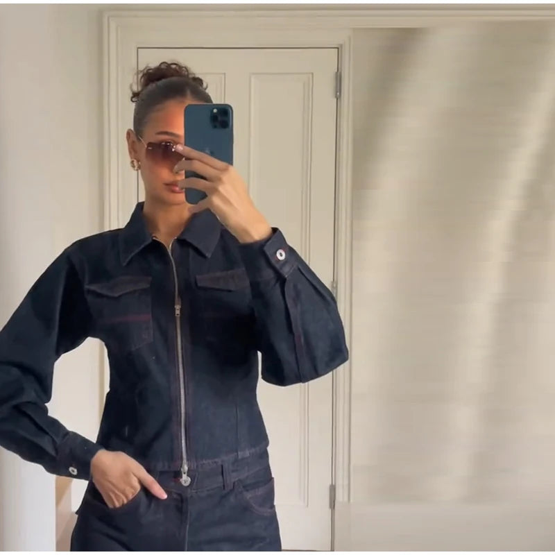 Lapel Zipper Denim Jackets Pants Sets Women Casual Pockets Short Jackets Suit With High Waist Jeans Lady Chic High Street Outfit