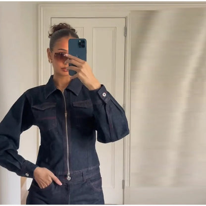 Lapel Zipper Denim Jackets Pants Sets Women Casual Pockets Short Jackets Suit With High Waist Jeans Lady Chic High Street Outfit