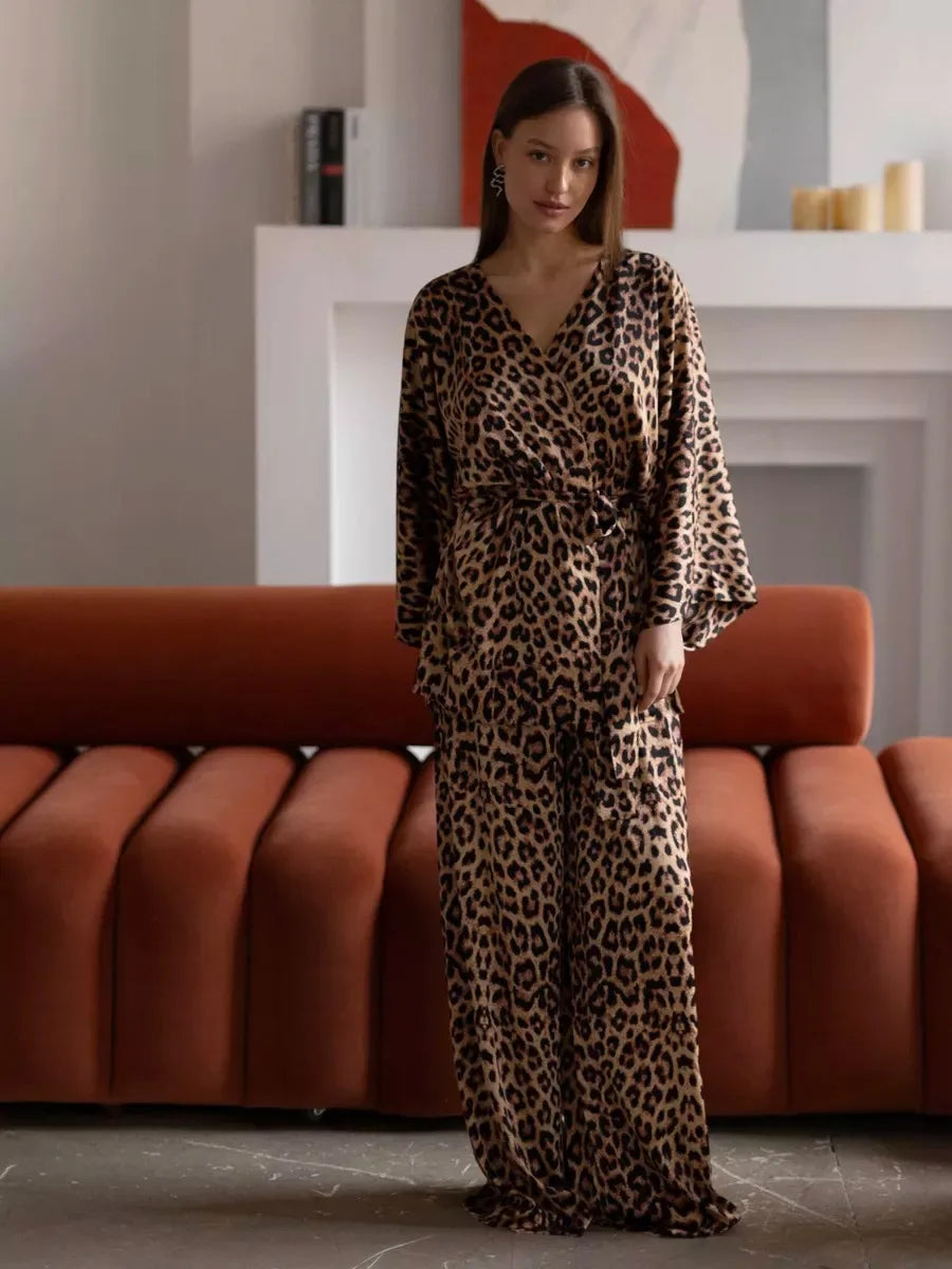 Mozuleva Solid Color Long Sleeved Pants Pajama 2-Piece Set Women's Autumn Winter Lace Up Nightgown Comfortable Home Clothing