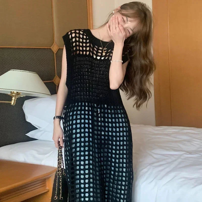 TKNOLEGE Knitted Dress Hollow French Style Fashion O-neck Out Design Sleeveless Solid Casual Tender Holiday Chic Ladies Dress ﻿