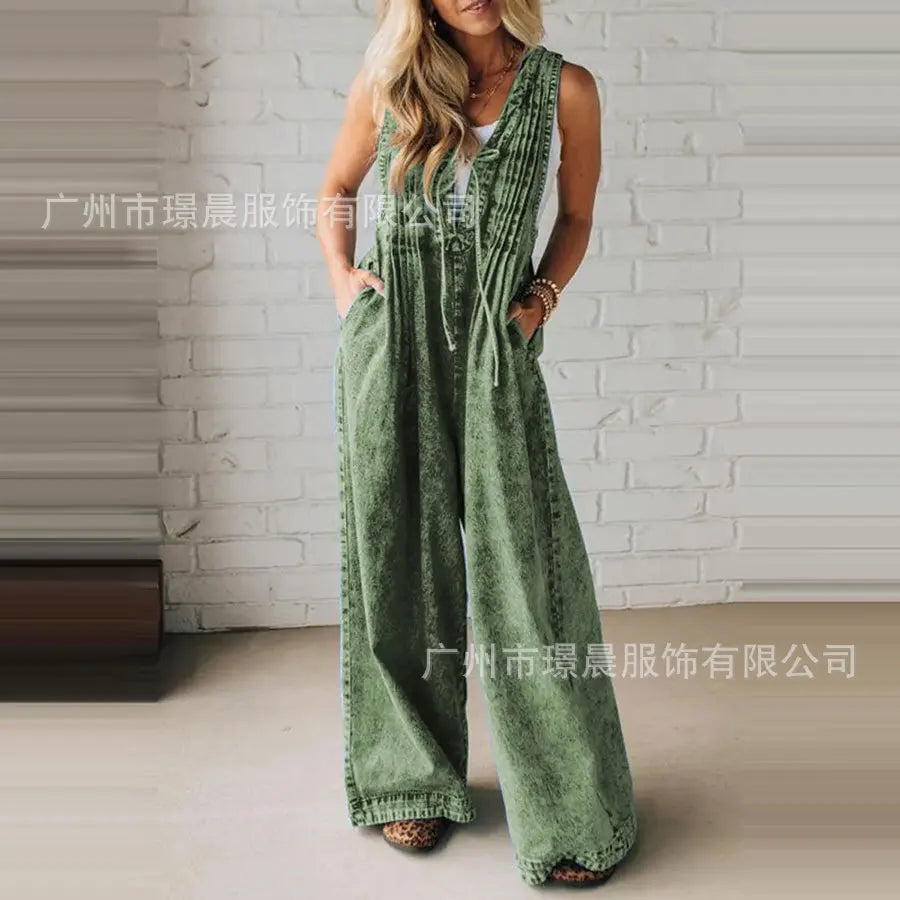 Fashion Casual Jumpsuit Women's 2025 Loose Sleeveless Solid color Pleated Lace-up One Piece Set Romper Pocket Playsuit（no Denim） Badiee Stylez