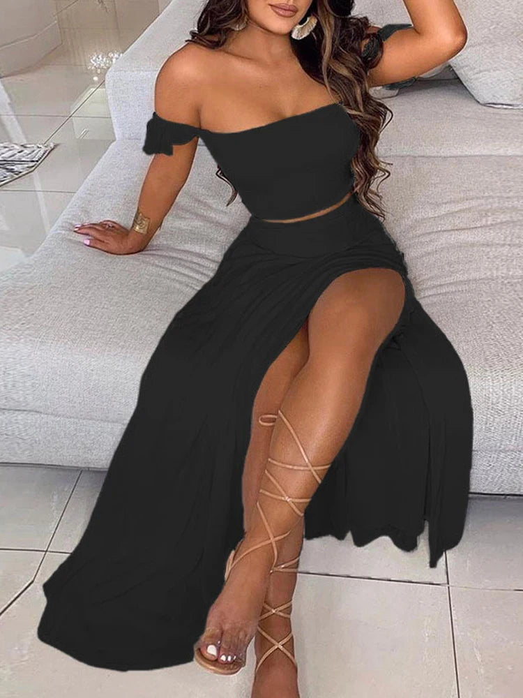 Fashionable Bohemian Two-piece Set Women's Off-shoulder Elastic Solid Color Vest With Floral Print High Waist Slit Skirt Set