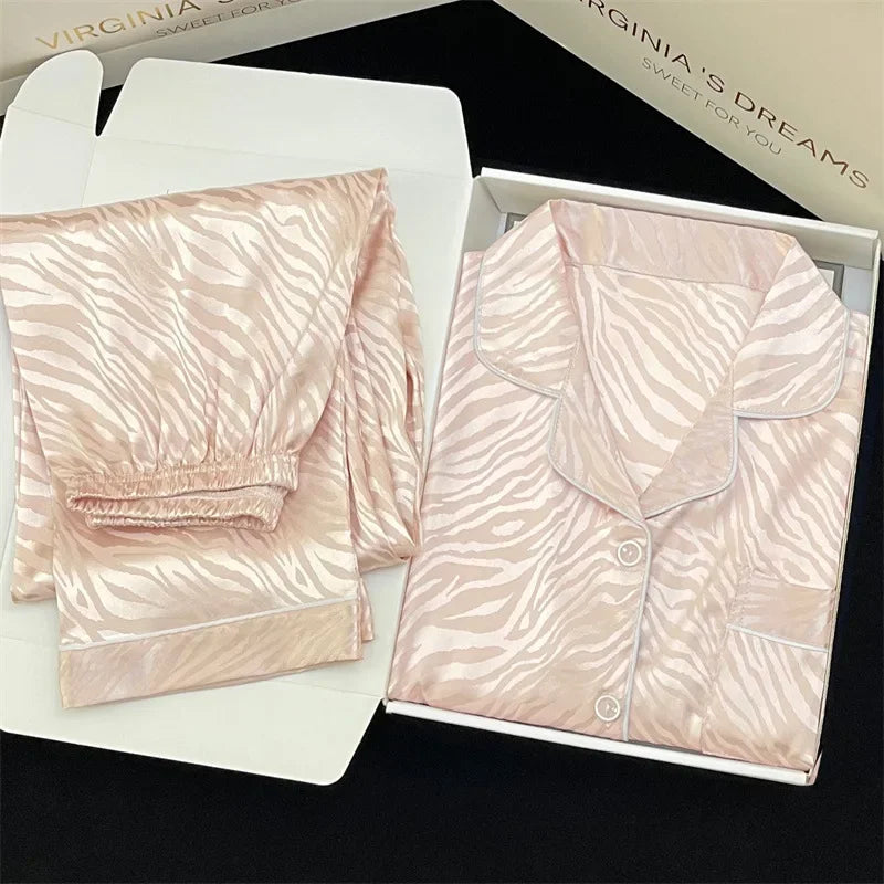 Korean Style Women's Two-piece Pajamas Sets Fashion Flower Print Faux Silk Satin Sleepwear Female Long Sleeve Pants Housewear 22