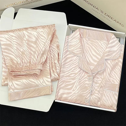 Korean Style Women's Two-piece Pajamas Sets Fashion Flower Print Faux Silk Satin Sleepwear Female Long Sleeve Pants Housewear 22