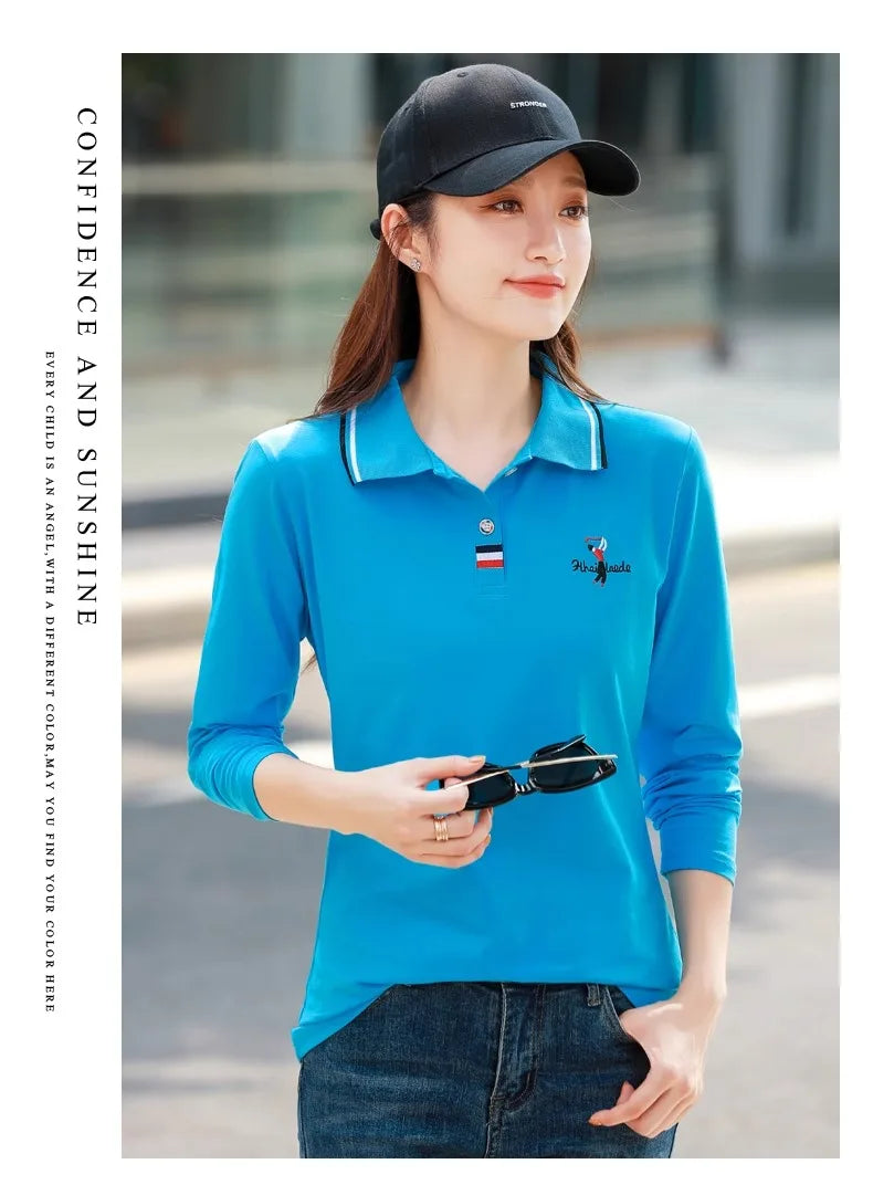 European Station Polo Neck Long sleeved T-shirt Women's Summer New High end Luxury Pure Cotton Loose Fashion Casual Large Top