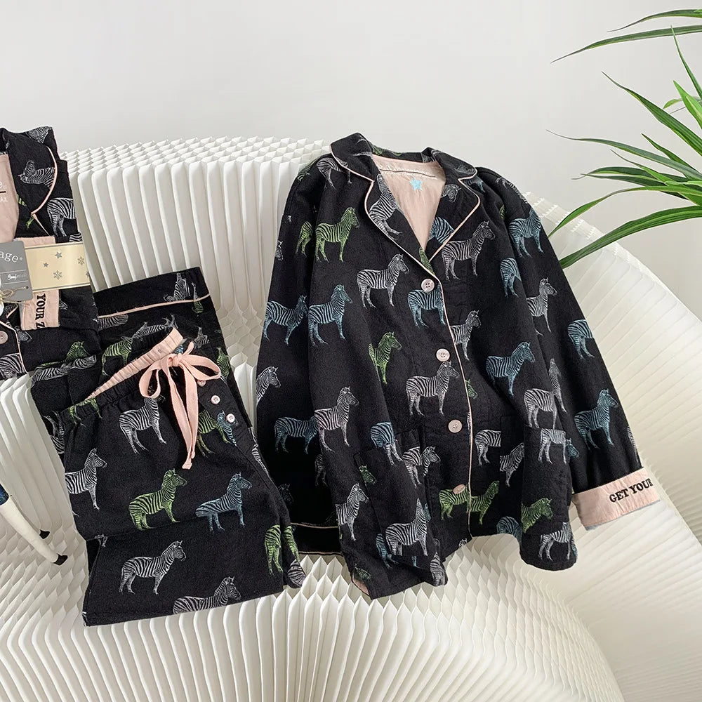 Women's Winter Pyjama Suit Print Long Sleeve Turn Down Collar Female Clothes 100% Cotton Single Breasted Sleepwear for Female
