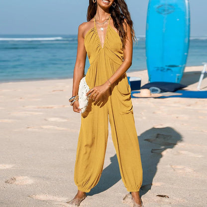 Sexy Deep V-neck Pleated Women Jumpsuit 2025 Spring Fashion Solid Pocket Romper Playsuit Summer Hollow Backless Lace-up Overalls Yellow