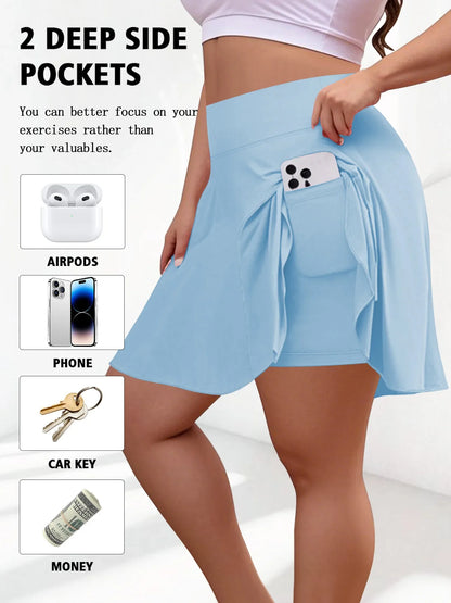Plus Size Women with Pocket Short Skirt Fitness Short Skirt High Waist Fashion 200lbs Sports Short Skirt Gym Outdoor Solid Skirt