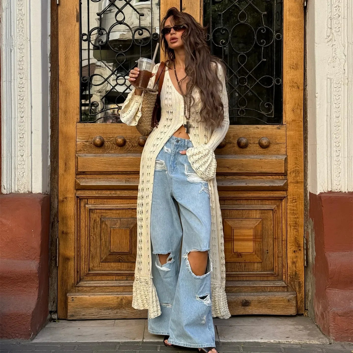 hirigin Button Front Long Sleeve Sheer Open-knit Long Cover-up Jacket Women Autumn Beach Vacation Outfit Maxi Cardigan