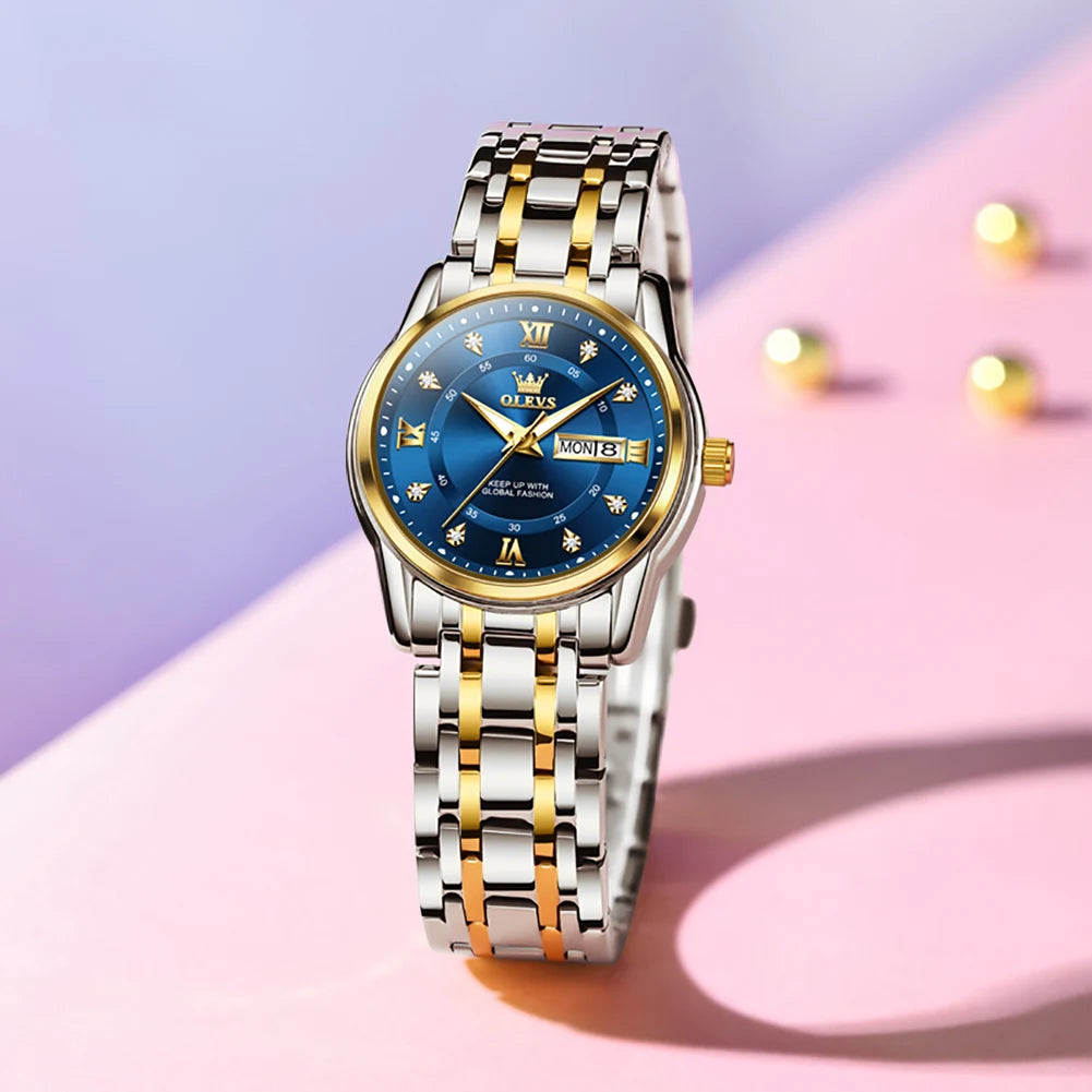 OLEVS 5513X Women Watch Original Fragrant Quartz Wristwatch Automatic Date Watches For Women Waterproof Luminous Gifts For Women Gold Blue CHINA Yes