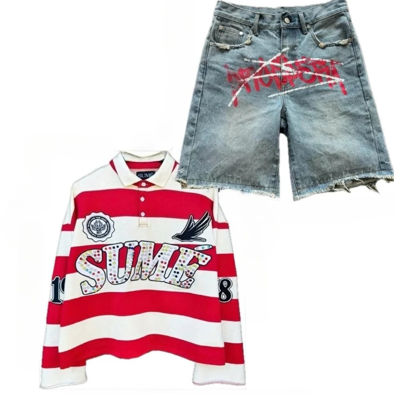 Couple summer washing fashion rhinestone striped two-piece set of denim shorts original color casual printing five-point pants
