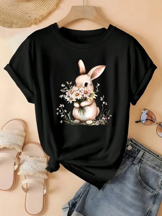 Plus Size Women's Summer Short Sleeve Bunny Holding Flowers Print Graphic Tees Women Tops black