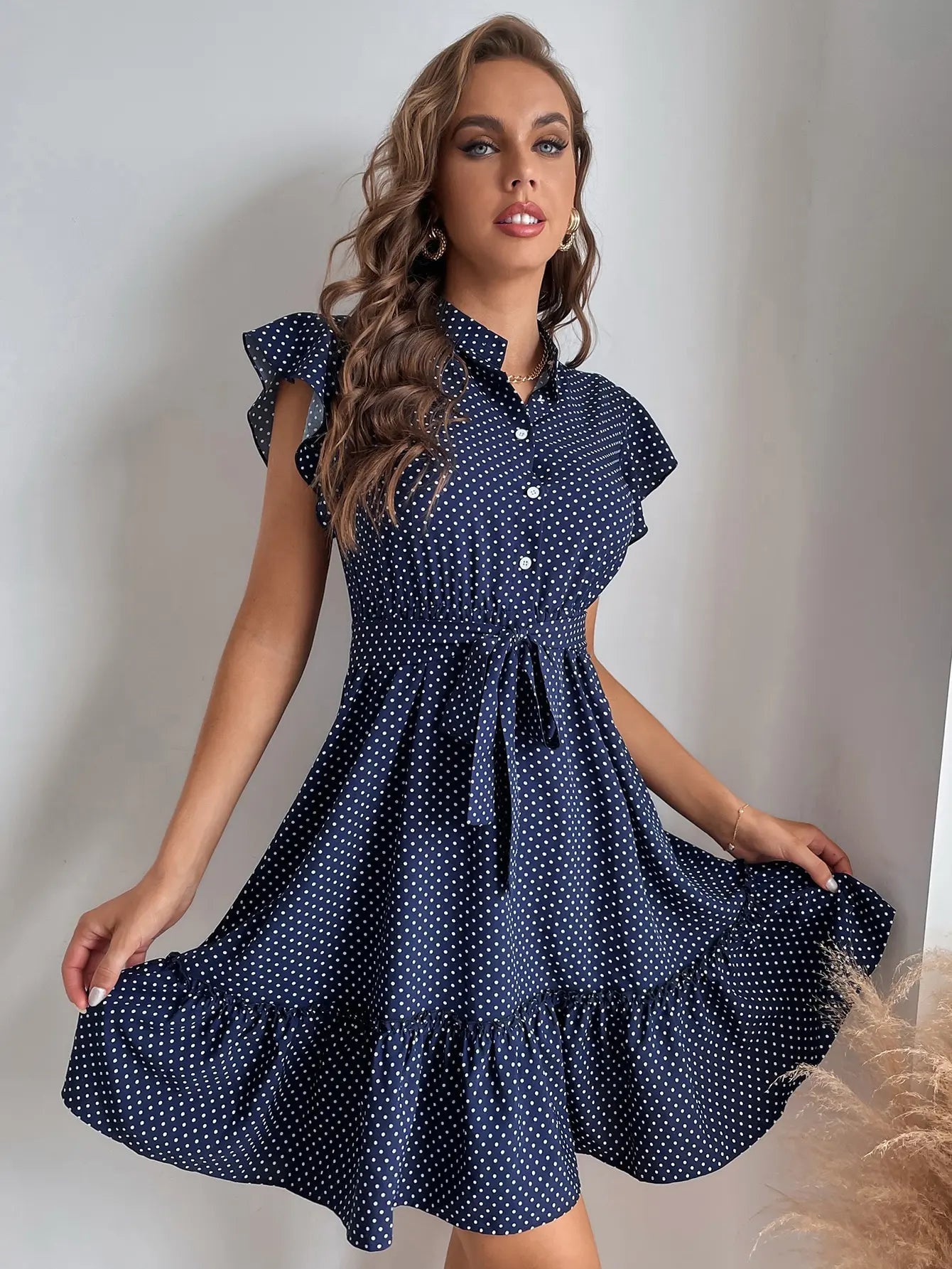 European and American women's polka dot printed butterfly sleeves with ruffled edges and wide pine hem waistband dress Badiee Stylez