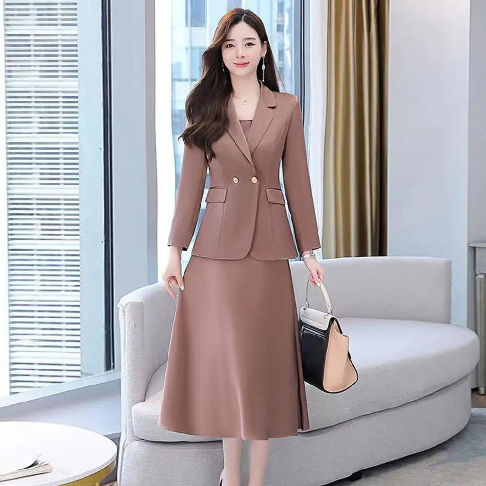 2Pcs/Set Summer Women Suit Dress Outfit Solid Color Mid-length Lady Dress Sets Light Luxury Commute Sling Dress Coat Set