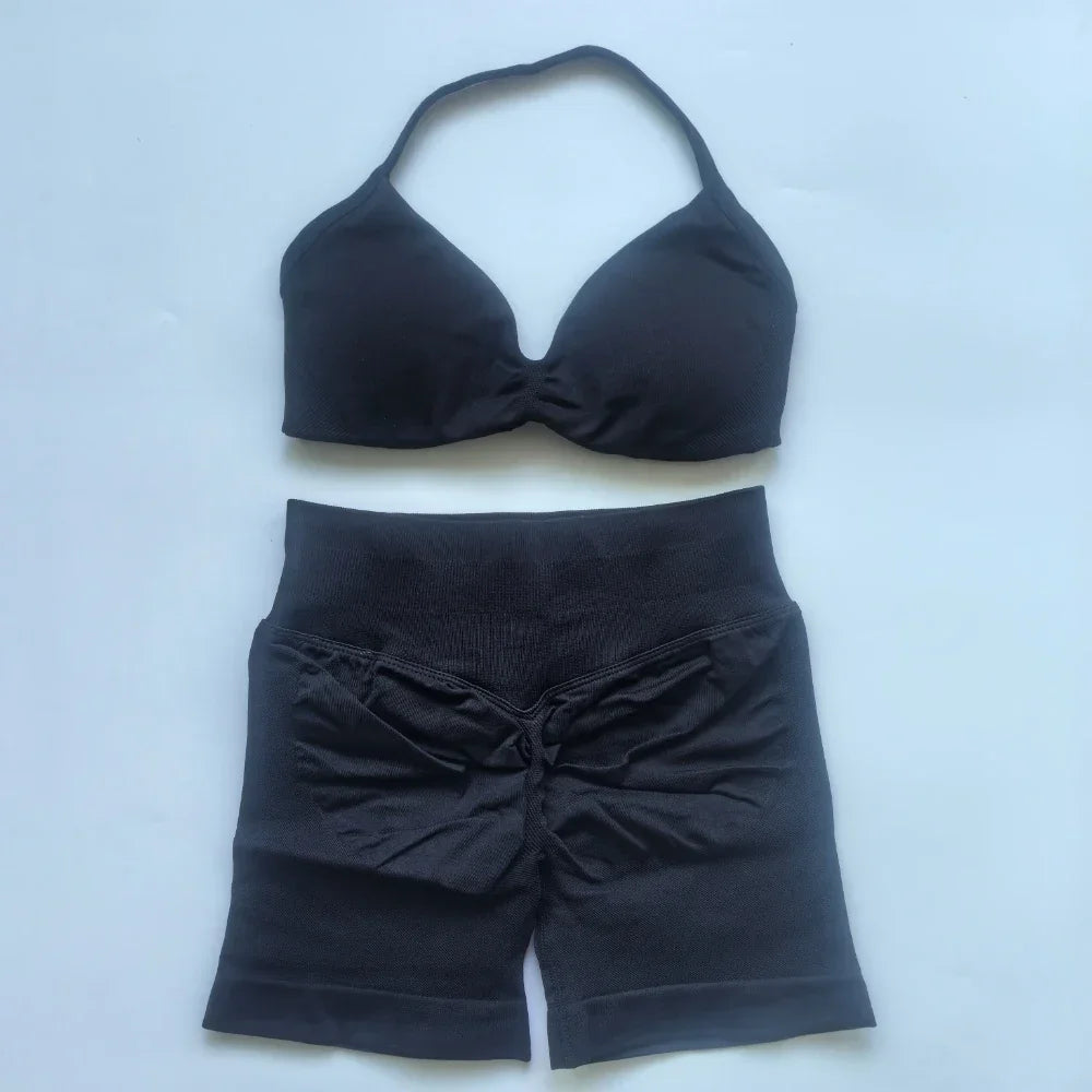 NO LOGO 2PCS Gym Set Women Strappy Yoga Bra Top High Waist Workout Scrunch Shorts Sports Suit Seamless Yoga Set Fitness Clothes Badiee Stylez