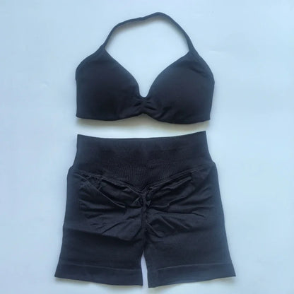 NO LOGO 2PCS Gym Set Women Strappy Yoga Bra Top High Waist Workout Scrunch Shorts Sports Suit Seamless Yoga Set Fitness Clothes Badiee Stylez