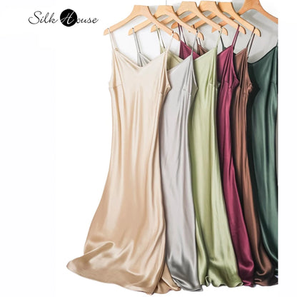 Small Heavyweight 21MM 100% Natural Mulberry Silk Plain Satin French V-neck Diagonal Cut Women's Sexy Solid Suspender Dress Badiee Stylez