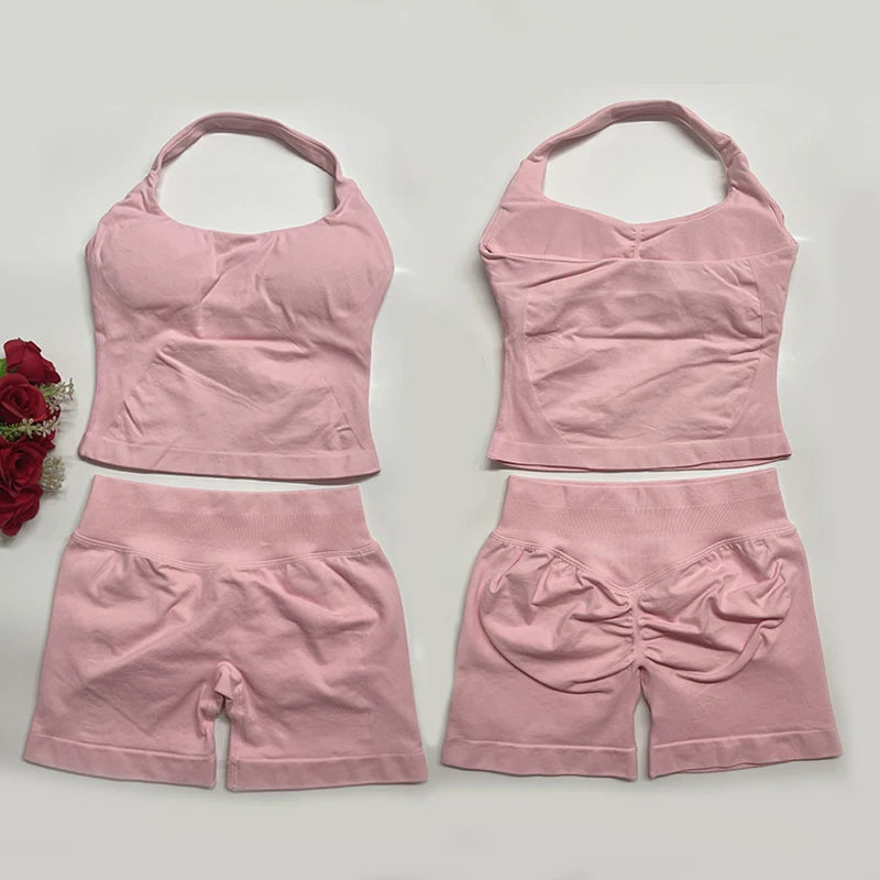 two piece DF yoga clothing set outfits woman yoga Impact Halter Top and spors shorts 4.5 inch Gym workout sets pilates clothes Badiee Stylez