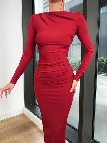 Sexy Bodycon Long Sleeve Midi Dress Women 2024 Autumn Slim Solid Party Package Hip Elegant Dresses For Women Robe Femme