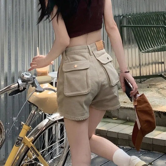 Khaki Pocket Baggy Short Jean Pants Woman Summer Korean Style Clothing Harajuku Fashion High Waist Cargo Denim Shorts for Women
