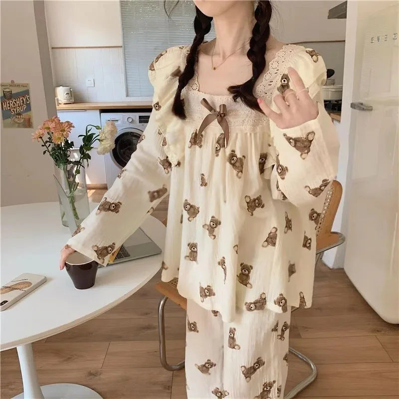 Spring and Autumn New Women's Pajamas Homewear Suit Female Court Style Doll Collar Japanese Girl Plaid Autumn and Winter Homewea