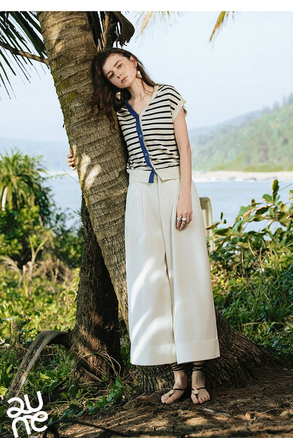 TOYOUTH Women Knitwear 2025 Summer New Short Sleeve Striped Contrast Color Pullover Tops 8523018