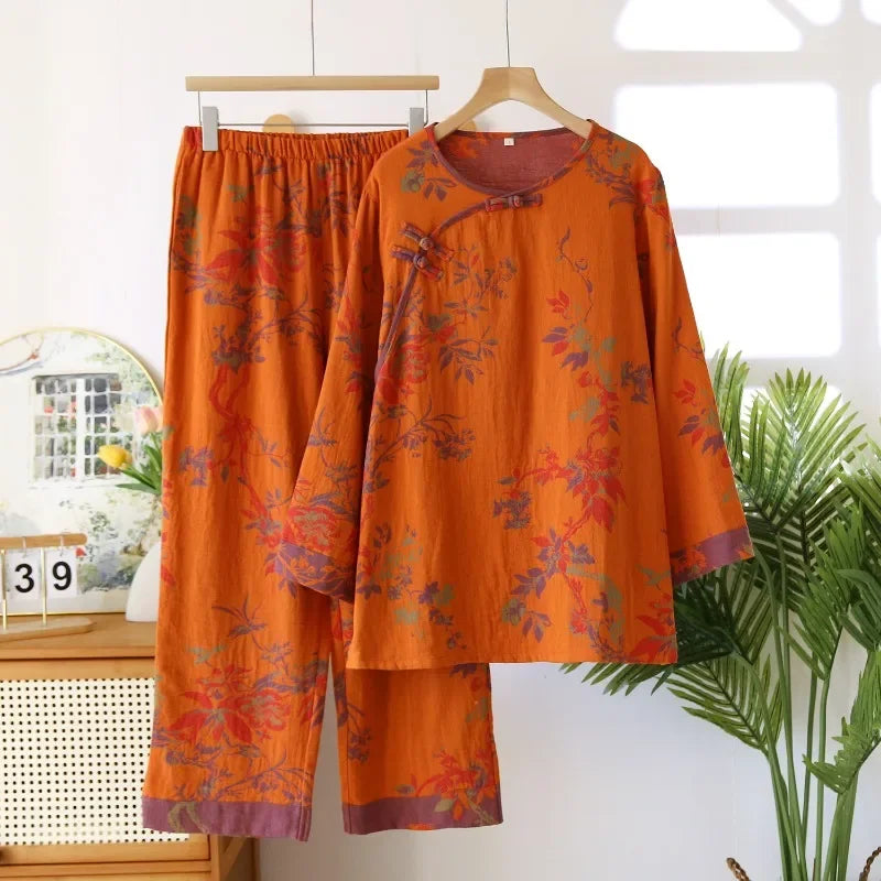 Women's Retro Long-sleeved Trousers Loungewear Set Yarn-dyed Double-sided Jacquard Thin Pajamas Round Neck Chinese Style Pijama Orange