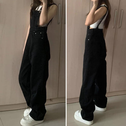 Denim Jumpsuit Summer Women Vintage Preppy Style Pockets Loose Fit High Waist Wide Leg Overalls Streetwear Straight Jeans
