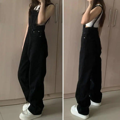 Denim Jumpsuit Summer Women Vintage Preppy Style Pockets Loose Fit High Waist Wide Leg Overalls Streetwear Straight Jeans