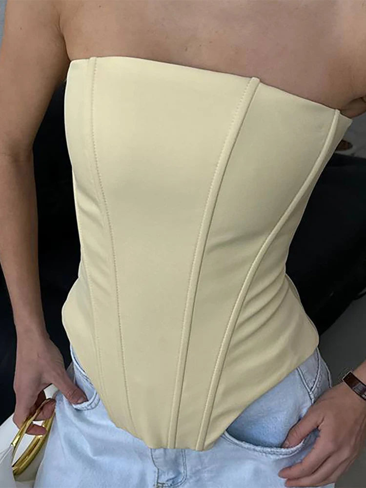 Two Piece Set Fishbone Strapless Vest Top Suit Short Jacket Solid Color Slim Fit Fashion Women Tank Blouse Waist Cinched Coat