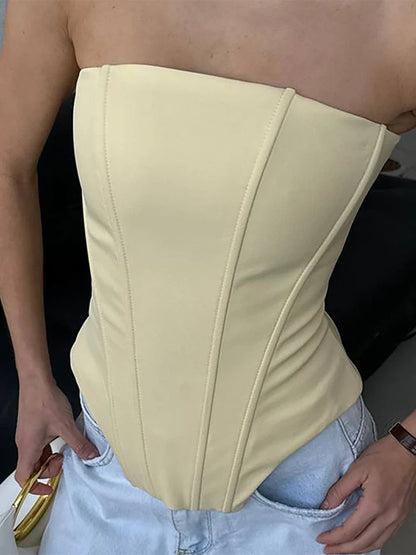 Two Piece Set Fishbone Strapless Vest Top Suit Short Jacket Solid Color Slim Fit Fashion Women Tank Blouse Waist Cinched Coat