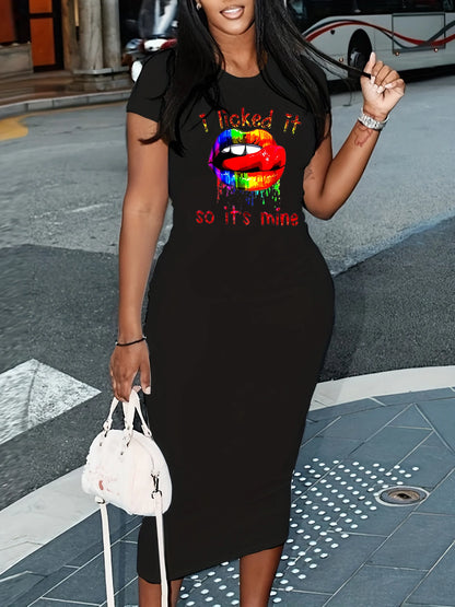 Summer black sexy dress women's red lip zipper print casual slim fit short sleeved round neck T-shirt mini dress