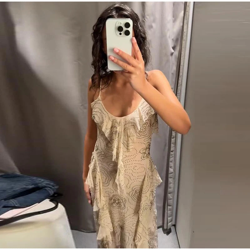 Sexy Beading Ruffle Long Dress Women Embroidery Slip Sleeveless Backless Party Evening Dresses 2025 Summer Lady Shiny Slim Gowns