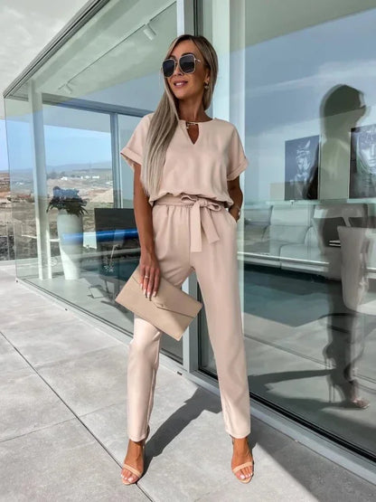 Jumpsuit Women 2023 Solid Color Short Sleeve V-neck Pocket Lace-up Pencil Long Pants Jumpsuits Summer Outfits Bodysuits Badiee Stylez